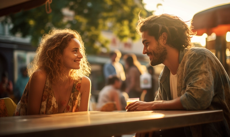 Beautiful woman talking with a man in the street near the table, romantic moment