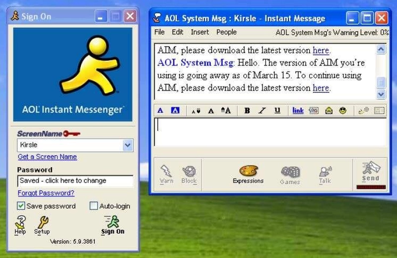 AOL 1990 chat window on Windows XP