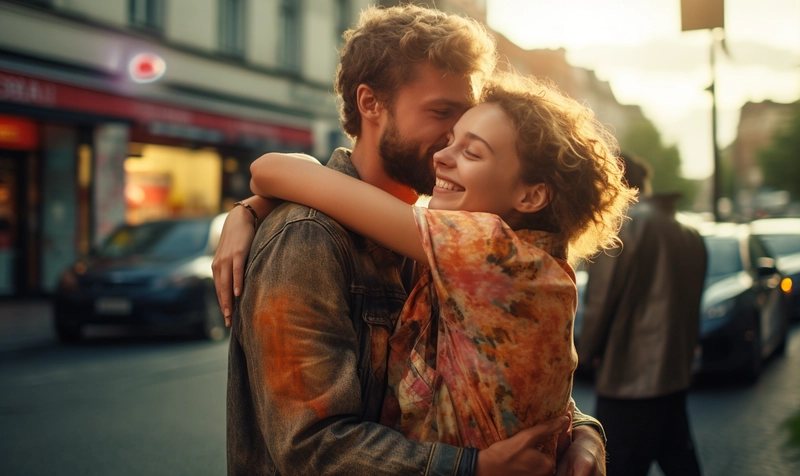 A man and woman embrace on a street after connecting on Omegle