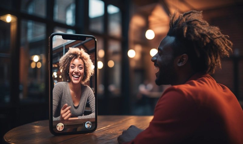 A couple talking to each other, woman on a phone screen and man looking at her