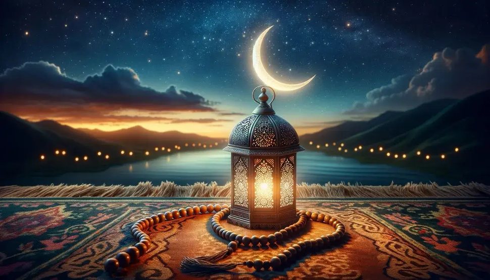 Peaceful night landscape with a crescent moon, a Ramadan lantern, and prayer beads