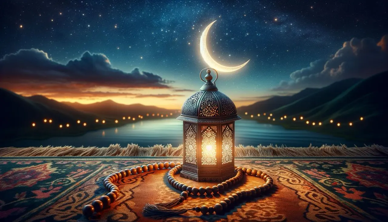 Peaceful night landscape with a crescent moon, a Ramadan lantern, and prayer beads