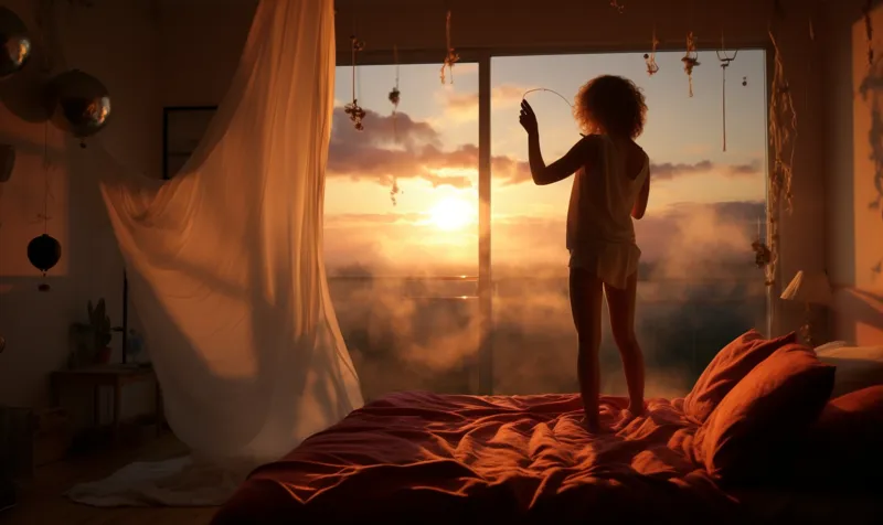 Woman in a bedroom looking to the sunset