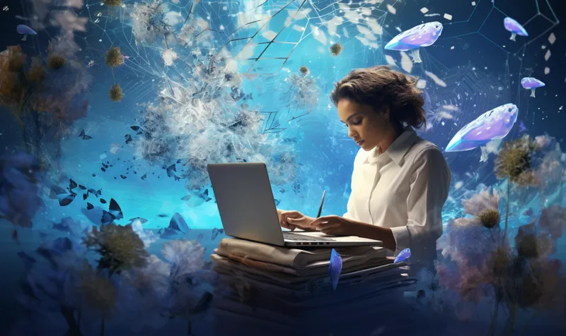 Woman in a digital space in front of computer, dreaming
